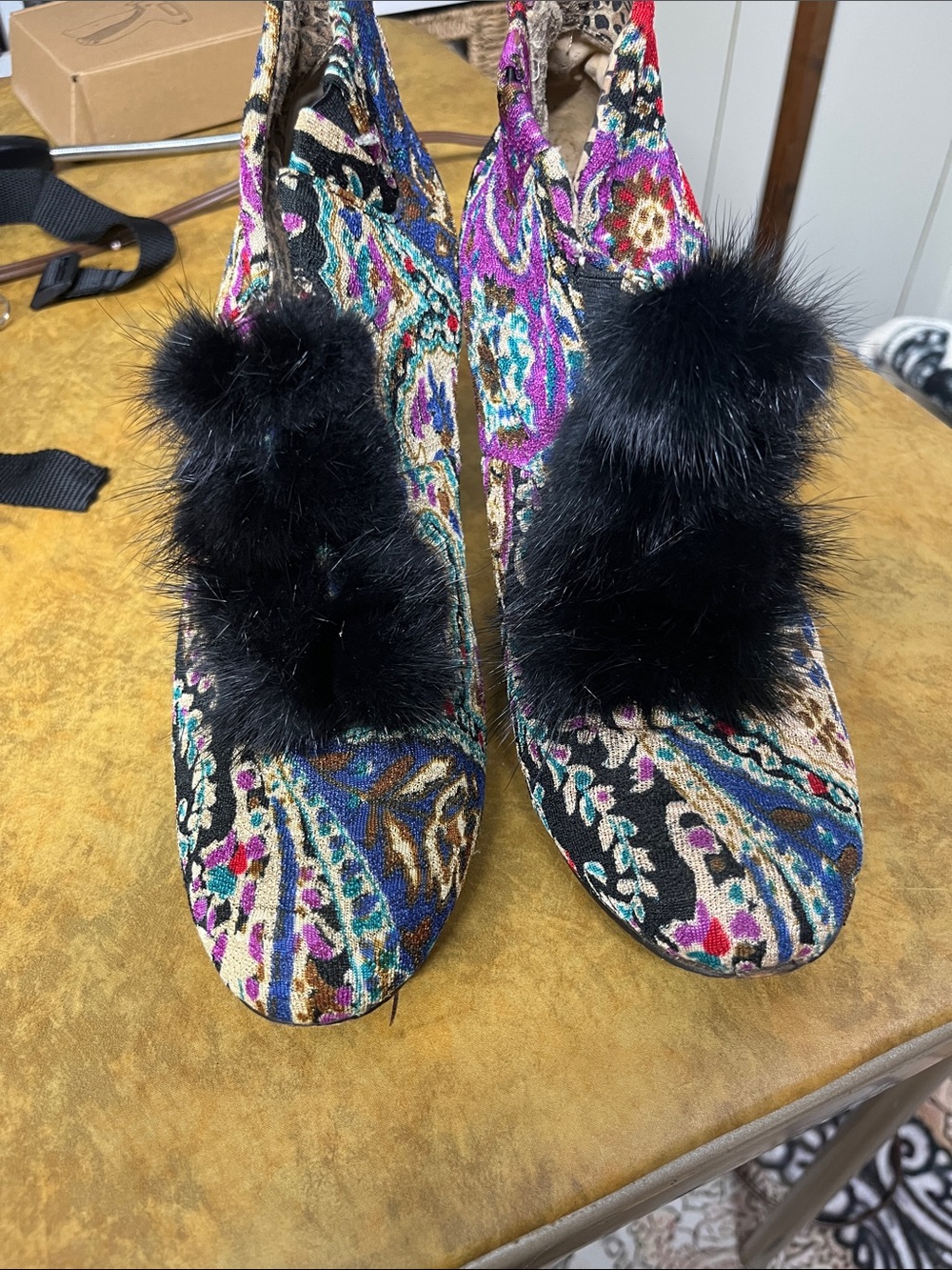 Multicolor Paisley Slingback Heels with Black Fur Trim